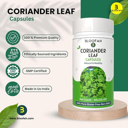 Coriander Leaf Capsules 500mg - 120 Count | 100% Pure Coriander Extract 10:1 (Coriandrum sativum) Leaf Powder Supplement | Natural Body Cleansing & Detox | Non-GMO, Gluten Free Formula
