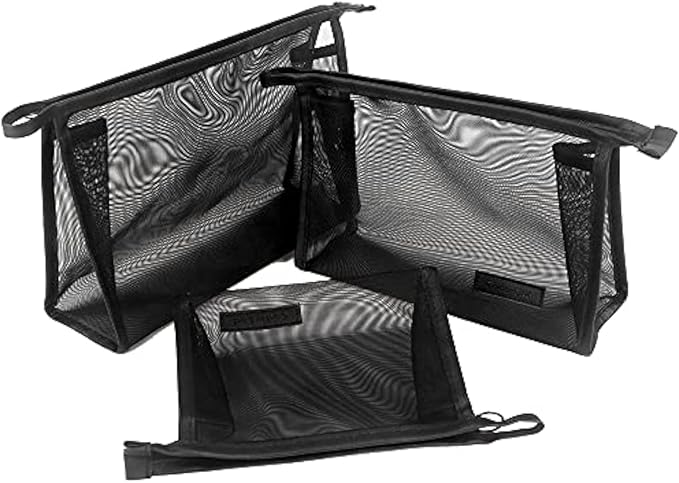 fashion portable cosmetic bag,Visible large capacity Nylon storage bag, for Business Travel bath, Unisex (black 3pcs set) (whole mesh triangle zippered cosmetic bag)