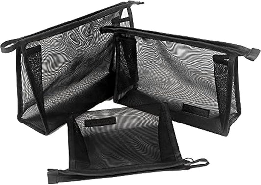 fashion portable cosmetic bag,Visible large capacity Nylon storage bag, for Business Travel bath, Unisex (black 3pcs set) (whole mesh triangle zippered cosmetic bag)