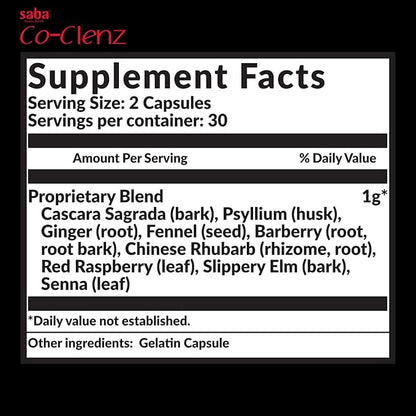 Saba Co-Clenz - 5 Day Cleanse for Men & Women-Supports Healthy Bowel Movements- Detox, Colon Health, Helps Constipation -30 Capsules,