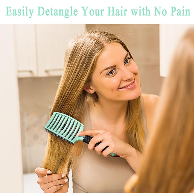 KTKUDY Detangling Brush Boar Bristles Hair Brush Make Hair Shiny & Healthier Curved and Vented Detangler Brush for Women Men Kids Wet and Dry Hair (Turquoise)