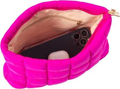 Puffy Makeup Bag Quilted Pouch Puffer Make Up Bag for Purse Cosmetic Bag for Women (Hot Pink)