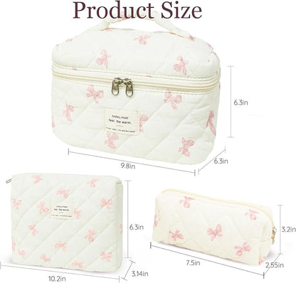 3Pcs Cotton Quilted Makeup Bag Set,Large Floral Cosmetic Bag，Aesthetic Toiletry Travel Makeup Bag Set and Cute Flower Bag for Women Girls (White Pink Bow)
