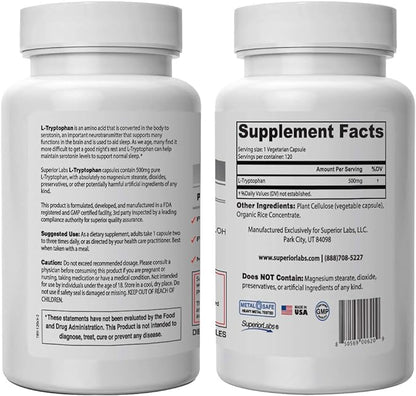 Superior Labs – Pure L-Tryptophan – 500mg, 120 Vegetable Capsules – Non-GMO Dietary Supplement for Restful Sleep & Relaxation – Supports Feelings of Well Being and Healthy Circulation Circulation