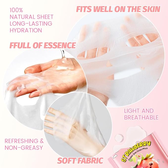 8 Pack Strawberry Face Mask,Pink Face Masks Spa Day kit Supplies for Teens Girls Women,Sheet Facial Mask Skincare for Kids Gifts Set,Hydrate Nourish Soothe for All Skin Types,Spa Party Favors