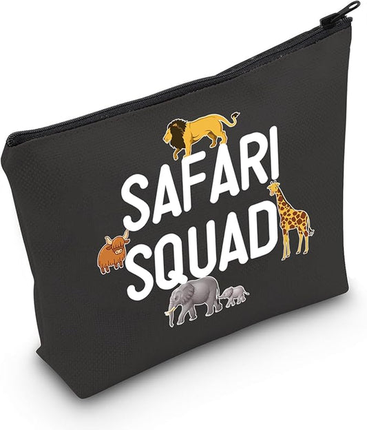 LEVLO Safari Squad Makeup Bag African Safari Trip Wild Animal Lover Travel Zipper Pouch (Safari Squad+black)
