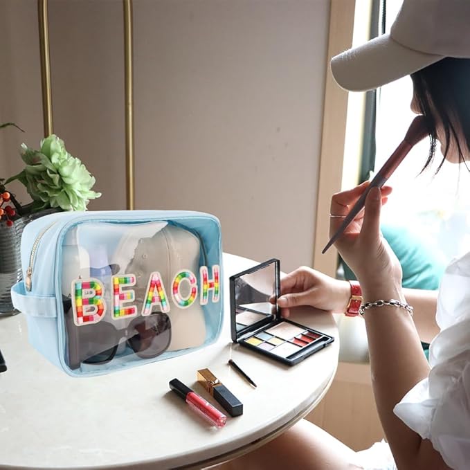 Clear Extra Large 3D Embroidery Patches BEACH Pouch Preppy Transparent TPU and Nylon Cosmetic Pouch Women (X-Large, IceBlue-Beach)