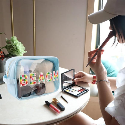 Clear Extra Large 3D Embroidery Patches BEACH Pouch Preppy Transparent TPU and Nylon Cosmetic Pouch Women (X-Large, IceBlue-Beach)