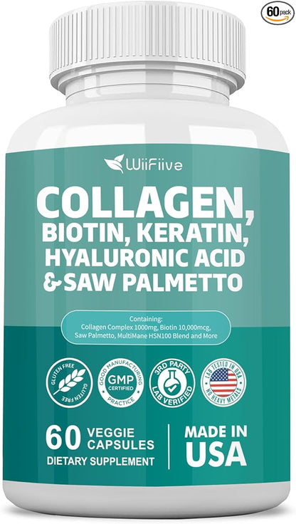 Collagen 1000 mg Biotin 10000 mcg Kerarin Blend 500mg Saw Palmetto 2500mg Folate 1000 mcg with Hyaluronic Acid Vitamin C E Paba Keratin MSM Quercetin Mineral Supplements, 60 Capsules