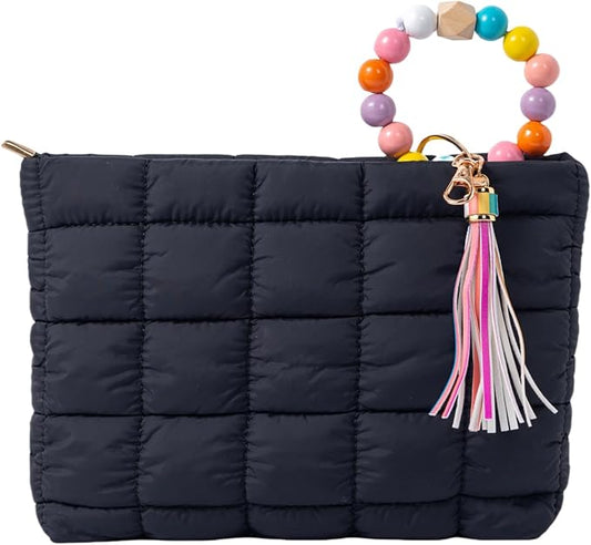 Puffy Makeup Bag Quilted Pouch Puffer Make Up Bag for Purse Cosmetic Bag for Women (Black)