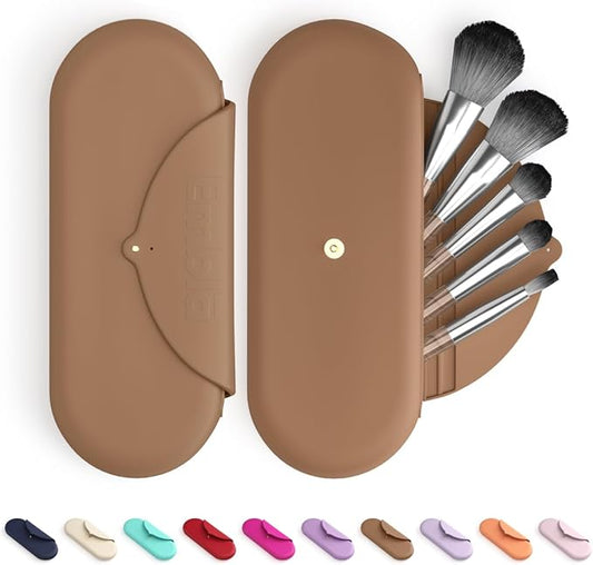 Embla Makeup Brush Holder Travel Cosmetic Case Pouch, Soft Silicone Cosmetic Bag Make Up Brushes Holder with Secure Snap Closure, Travel Makeup Brush Case, Latte