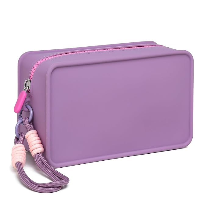 Travistar Silicone Travel Makeup Bag - Large Capacity Make Up Pouch Travel Makeup Organizer Bag Waterproof Toiletry Bag Portable Cosmetic Bag Small Womens Brush Holder Bag with Zipper Closure Purple