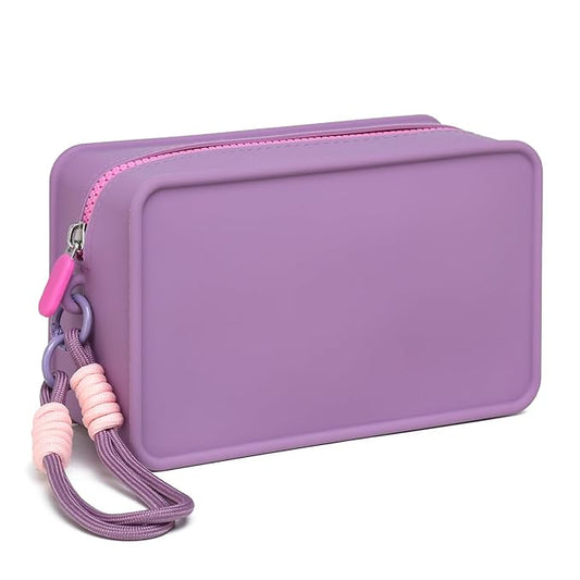 Travistar Silicone Travel Makeup Bag - Large Capacity Make Up Pouch Travel Makeup Organizer Bag Waterproof Toiletry Bag Portable Cosmetic Bag Small Womens Brush Holder Bag with Zipper Closure Purple