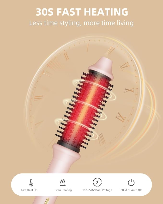 Thermal Brush, 1.26 Inch Heated Round Brush Hair Curling Iron with 10 Temp Settings, 30s Fast Heat for Curling & Volumizing, Anti-Frizz Hair Styler for Long Hair, Pink