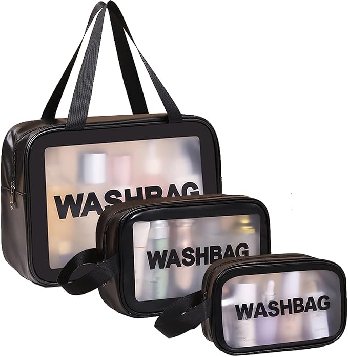 Travel Toiletry Bag for Women Men, Translucent Waterproof Travel Makeup Cosmetic Pouch Traveling Organizer for Toiletries, Cosmetic, Accessories CynynYxy (A-Black)