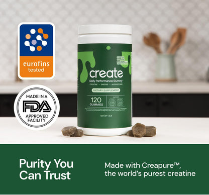 Create Daily Performance Gummy - Creatine Monohydrate Gummies for Men & Women - Boost Energy, Immunity, and Strength, Anti-Melting Formula, Vegan, Gluten-Free, Non-GMO, 1 g Creatine per Gummy (120 ct)