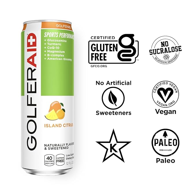 GOLFERAID Performance Blend, Up Your Golf Game, No Caffeine, Glucosamine, Turmeric, MSM, CoQ10, B-Complex, BCAAs and Electrolytes, 40 Calories, 100% Clean, Paleo, Vegan, 12 Fl Oz (Pack of 12)