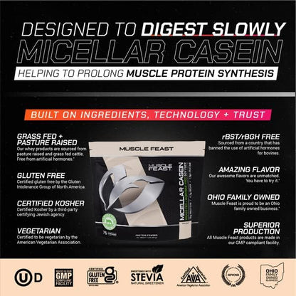 Muscle Feast Pasture Raised + Grass Fed Micellar Casein + RBST/rBGH Free, Vanilla, 4lb