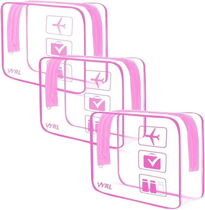VYRL 3 Pack Clear Makeup Bag - Quart Size 3-1-1 TSA Approved Toiletry Bag with Zipper - Water-Resistant Durable PVC Clear Toiletry Bag for Carry-on Airport Travel Accessories - Rose Pink
