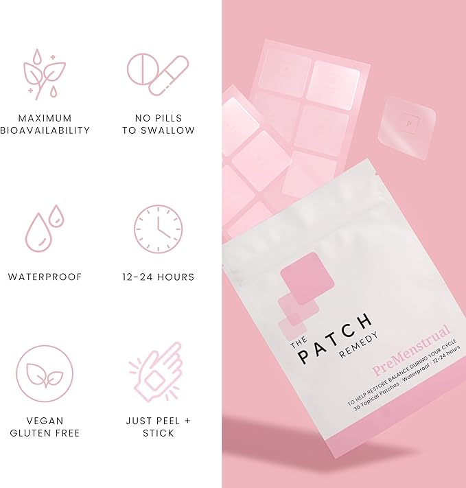 The Patch Remedy PreMenstrual Patch for Women - 30 Topical PMS Period Cycle Patches Containing Chasteberry Extract, Magnesium, Evening Primrose Oil, Dong Quai Extract, Curcumin, Vitamin B6 & E