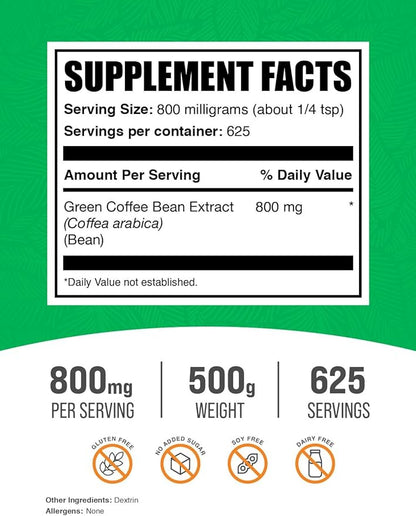 BulkSupplements.com Green Coffee Bean Extract Powder - Green Coffee Bean Supplements, Green Coffee Bean Powder - Energy Support, Gluten Free, 800mg per Serving, 500g (1.1 lbs) (Pack of 1)