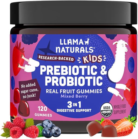Llama Naturals Real Fruit Prebiotic & Probiotic Kids Gummies, No Added Sugar Cane, Children Digestion, Toddler Tummy Aches, Gut Health, 2B CFU, Mixed Berry, 120 ct (60-120 Days)