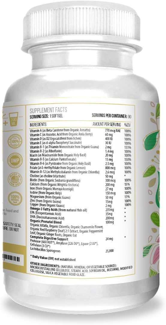 ACTIF Organic Prenatal Vitamin with 30+ Organic Vitamins, 100% Natural, DHA, EPA, Omega 3, and Organic Herbal Blend - Non-GMO, 90 Count