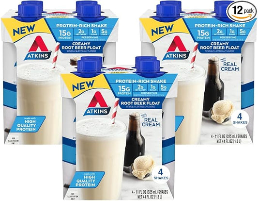 Atkins Protein Rich Shake, Creamy Root Beer Float, High Protein, Low Glycemic, Gluten Free Liquid, - keto, 12 Count (3 Packs each with 4 Shakes)