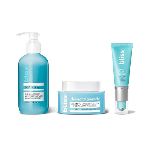 Bliss Skincare Essentials Skincare Kit - Eye Do All Things Hydrating Eye Gel, Drench & Quench Hyaluronic Acid Face Moisturizer & 2-in-1 Foaming Facial Cleanser and Exfoliator