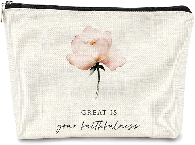 Christian Bible Scripture Great is Your Faithfulness Makeup Bag Cosmetic Pouch Zipper Travel Toiletry Bag,Watercolor Pink Flower Makeup Bag,Christian Gifts for Women Faith