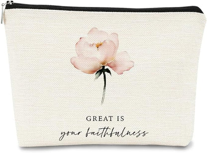 Christian Bible Scripture Great is Your Faithfulness Makeup Bag Cosmetic Pouch Zipper Travel Toiletry Bag,Watercolor Pink Flower Makeup Bag,Christian Gifts for Women Faith