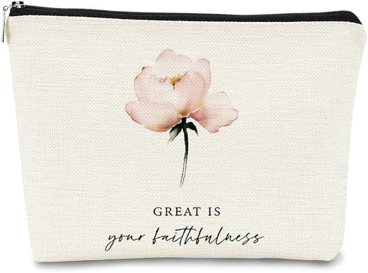Christian Bible Scripture Great is Your Faithfulness Makeup Bag Cosmetic Pouch Zipper Travel Toiletry Bag,Watercolor Pink Flower Makeup Bag,Christian Gifts for Women Faith