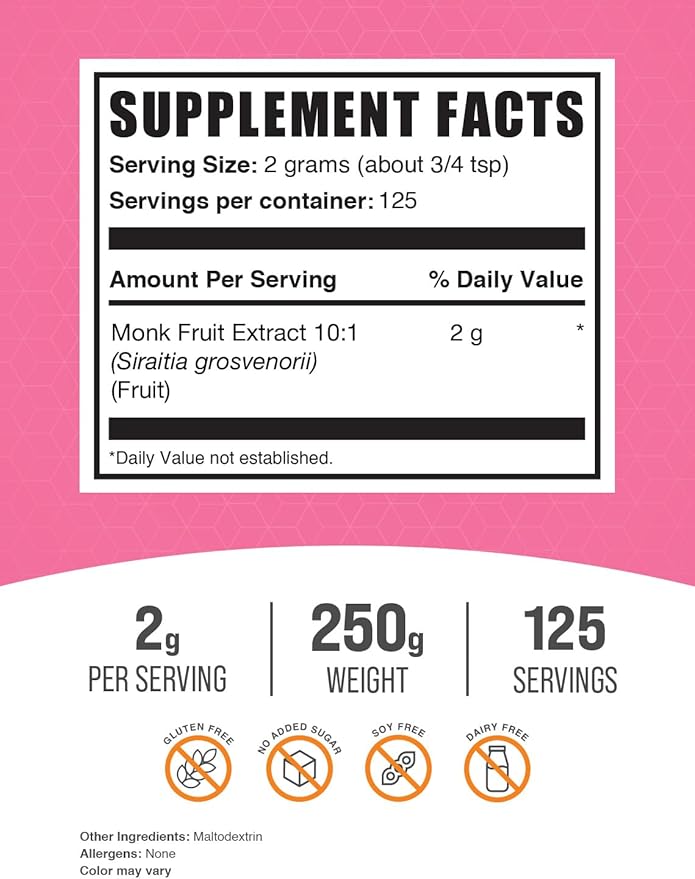 BulkSupplements.com Monk Fruit Extract Powder - Luo Han Guo - Pure Monk Fruit - Monk Fruit Powder - Monk Fruit Without Erythritol - 2g or Monk Fruit Extract per Serving (250 Grams - 8.8 oz)