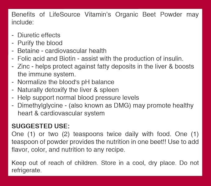 LifeSource Vitamins Beet Root Powder - Organic 10 oz - 57 Servings - US California Beets - Non-GMO