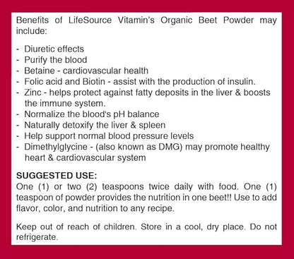 LifeSource Vitamins Beet Root Powder - Organic 10 oz - 57 Servings - US California Beets - Non-GMO
