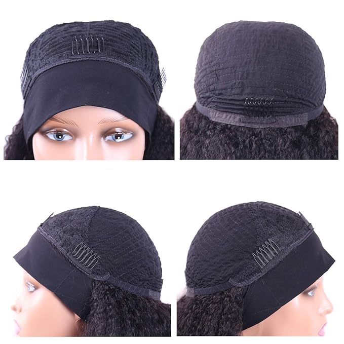Headband Wigs Human Hair 180% Density 12A Kinky Straight Human Hair Headband Wigs For Black Women Yaki Straight Human Hair Wigs With Headband Attached Half Wig Natural Black Color 18 Inch