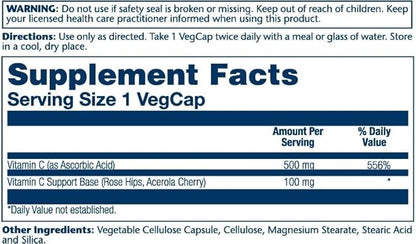 SOLARAY C w/Rose HIPS & Acerola Two-Stage, Timed-Release, Veg Cap (Btl-Plastic) 500mg | 100 Count | Pack of 2