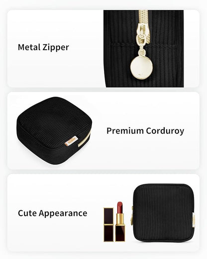 Wandering Nature Small Makeup Bag for Purse Mini Make up Pouch Cute Cosmetic Pouch for Women with Slip-in Pockets Corduroy, Black