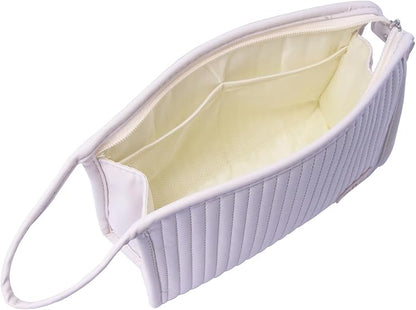 Small Makeup Bag Simple Cosmetic Pouch, Water Resistant PU Striped Leather Portable Travel Toiletry Bag with Handle for Women and Girls (Creamy White)