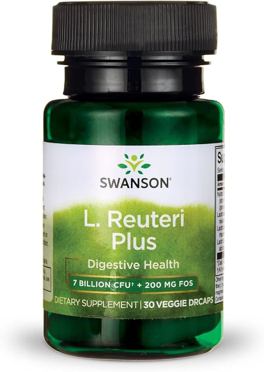 Swanson L. Reuteri Probiotic Plus w/L. Rhamnosus L. Acidophilus & FOS Prebiotic Digestive Support - Promotes Gut Health w/ 7 Billion CFU per Capsule - (30 Veggie Capsules)