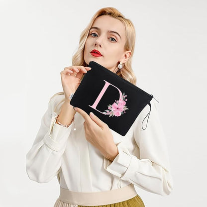 Vavabox A-Z Personalized Makeup Bag, Birthday Gifts for Women Mom, Gifts for Best Friend, Bride Bridesmaid Cosmetic bag (D, Black)
