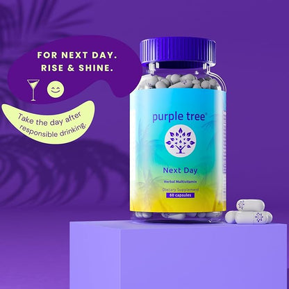 purple tree Next Day, Post-Celebration Wellness - Take Tomorrow | Replenish & Feel Your Best | Ashwagandha, Ginger, Peppermint, Milk Thistle, Electrolytes, Vitamins, 30 Pills