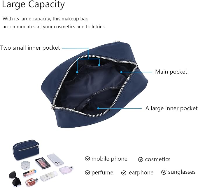 Nylon Female cosmetic bags Canvas toiletry bags Wash bags with large capacity Simple design (Nylon/Navy Blue)