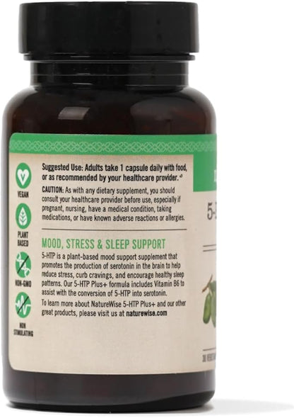NatureWise 5-HTP 200mg, Vegan 5 HTP Plus Supplement from Griffonia Seeds with Cofactor Vitamin B6 - Mood Support Supplement & Natural Sleep Aid for Adults - Delayed-Release - 30 Count[1-Month Supply]