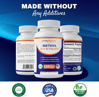 Vitamatic Methyl Folate & B12 Supplement with Pyridoxal 5 Phosphate (P-5-P) - Promotes Cardiovascular Health & Energy Metabolism - 120 Fast Dissolve Tablets - Non GMO & Gluten Free