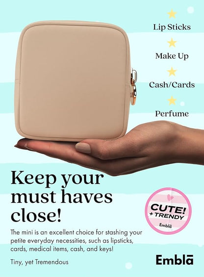 Embla Makeup Bag Travel Cosmetics Pouch and Toiletry Bag, Nylon Zipper Pouch Purse, Cute Make Up Organizer Storage Tote for Women Girls, Waterproof Travel Skincare Case, Small Makeup Bags, Honey Beige
