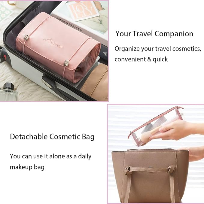 Roll Up Makeup Bag, Hanging Toiletry Bag, 4 in 1 Detachable Cosmetic Bag, 4 Removable Storage Bags, Travel Makeup Organizer Bags for Women Men(Pink)