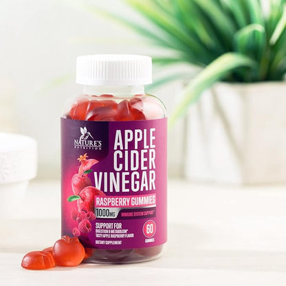Vegan Apple Cider Vinegar Gummies 1000mg for Detox & Cleanse, ACV Gummy Vitamin B12 for Digestion Metabolism & Immune Health Support, Natural Apple Raspberry Flavor, Gluten Free - 60 Gummies