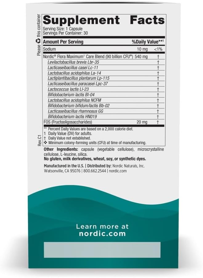 Nordic Naturals Nordic Flora Probiotic Maximum Care, 30 Capsules, 11 Probiotic Strains for Daily Immune and Digestive Health Support, Vegan, 30 Servings