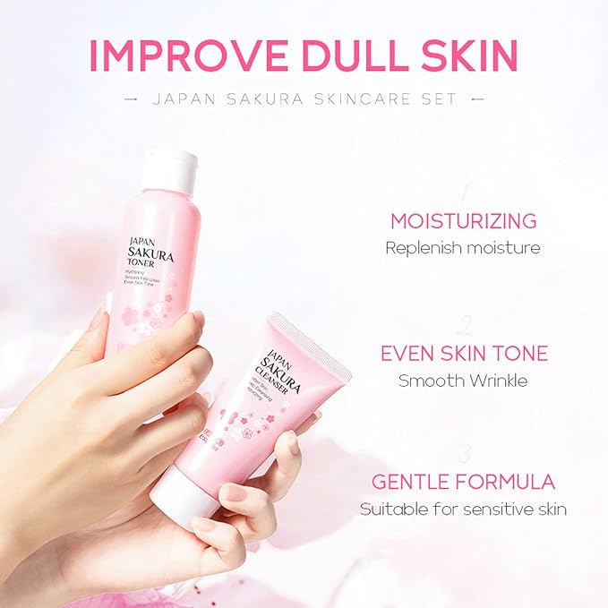 Skin Care Set for Women Girls, Cherry Blossoms Beauty Gift Sets Skin Care Kit with Cleanser, Face Serum, Face Cream,Toner,Eye Cream,Skin Care Routine Kit